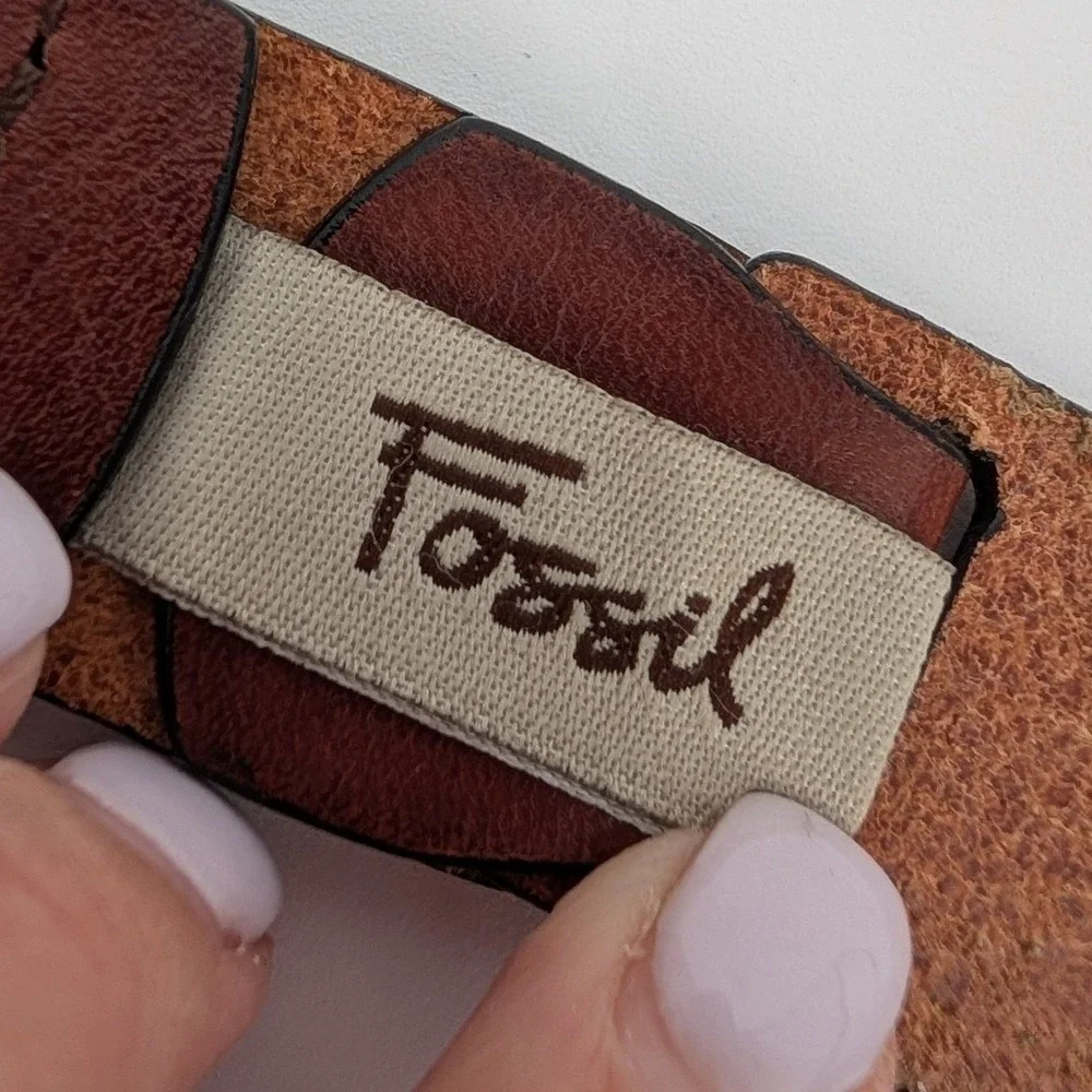 VTG Fossil Leather Belt Women M Brown Patchwork Suede Stitch Brass Buckle Boho